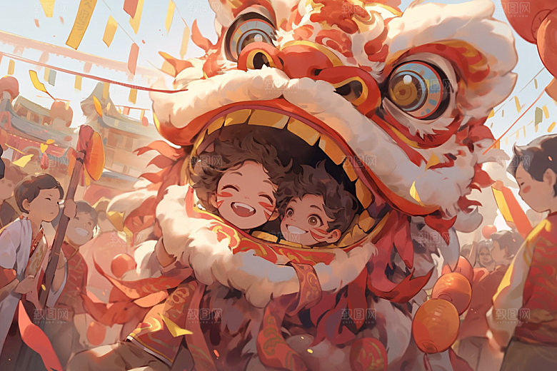 舞狮少年喜庆国粹插画