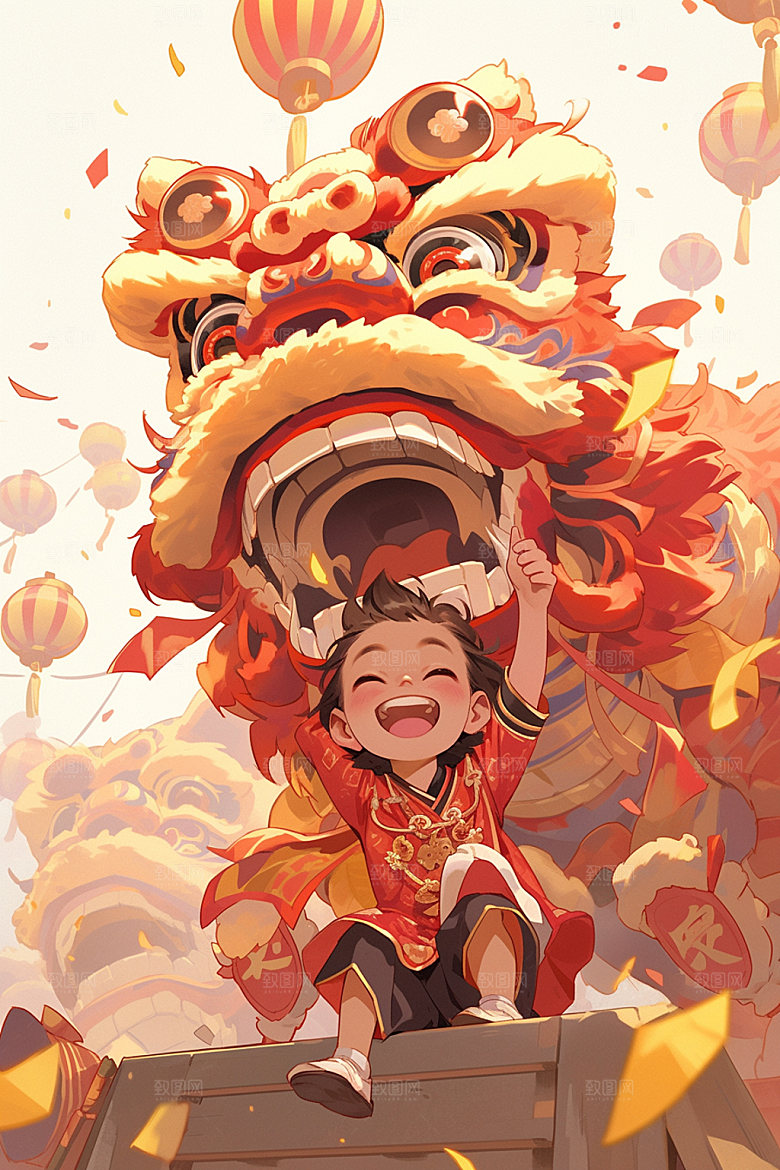 舞狮少年非遗传统文化插画
