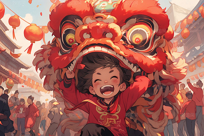 舞狮少年中式国粹插画