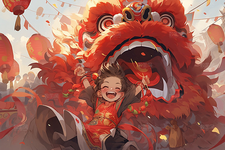 舞狮少年传统文化卡通插画