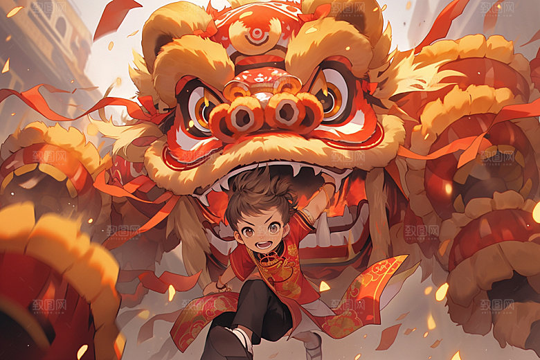 舞狮少年国潮非遗插画