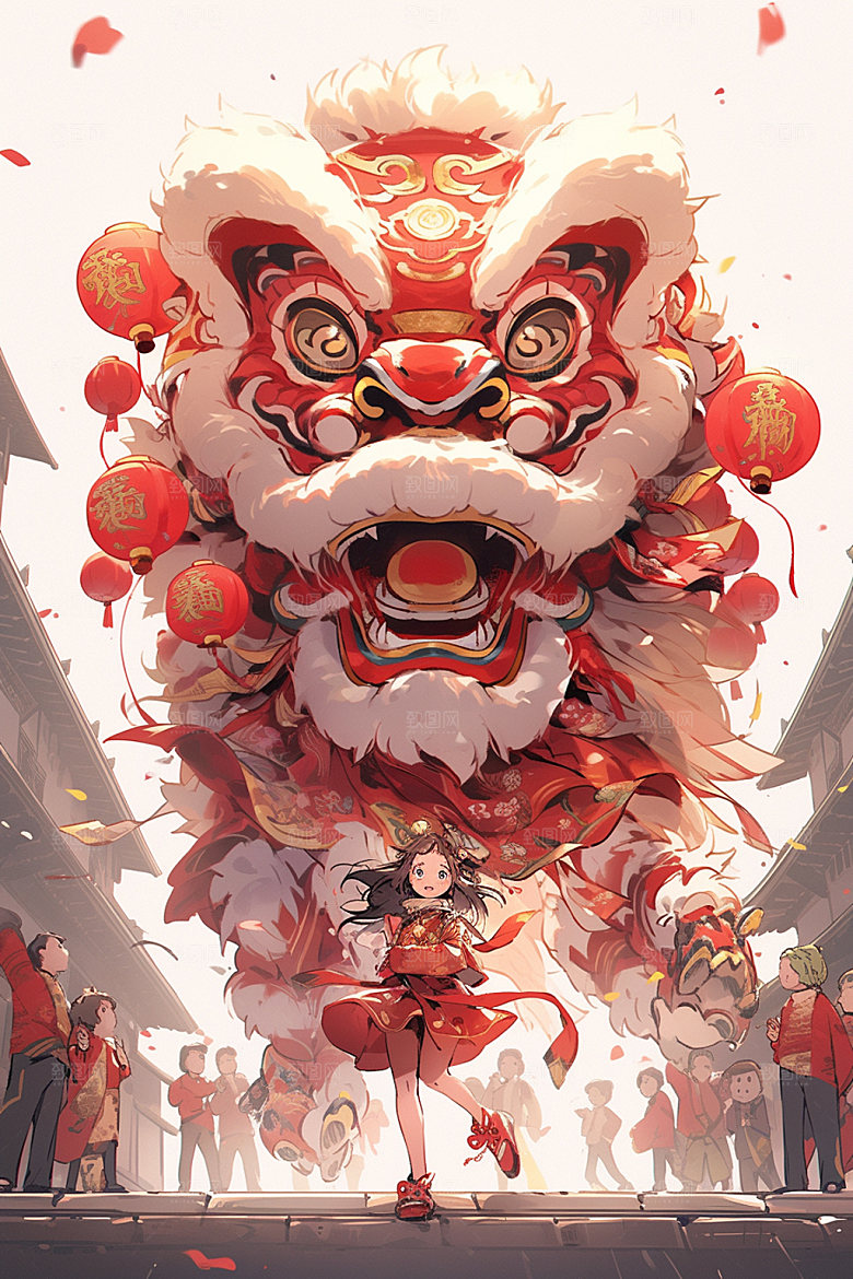 舞狮少年卡通传统文化插画