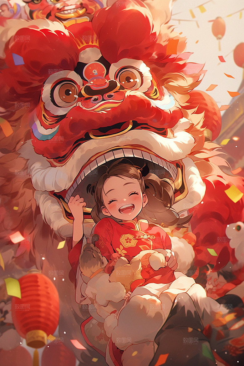 舞狮少年中式节庆插画
