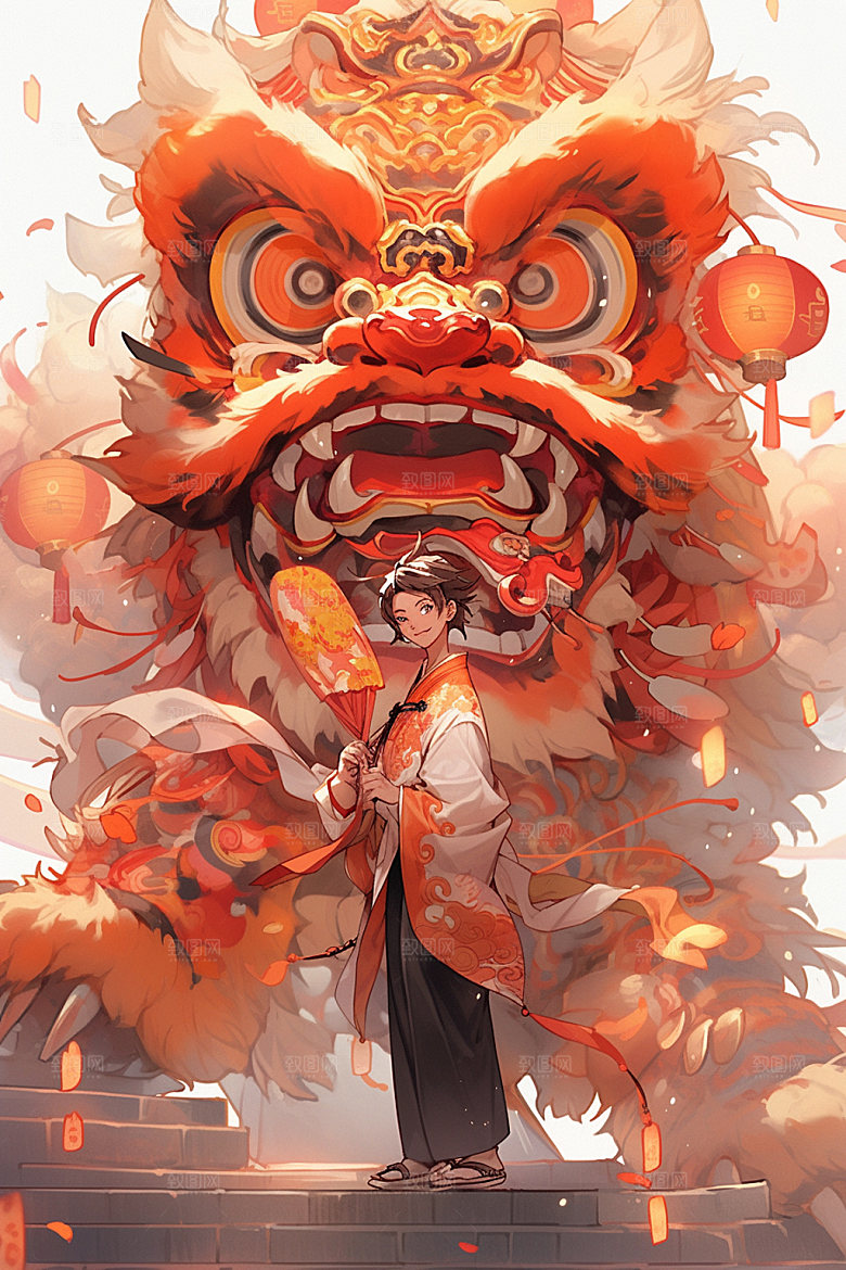 舞狮少年卡通新年插画