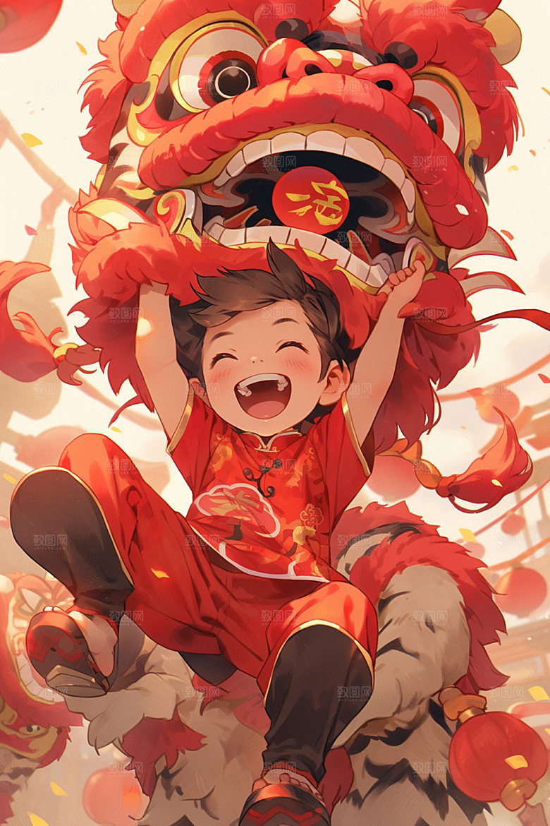 舞狮少年传统文化新年插画