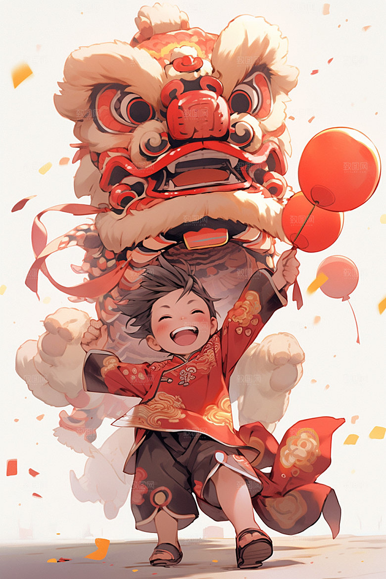 舞狮少年卡通喜庆插画