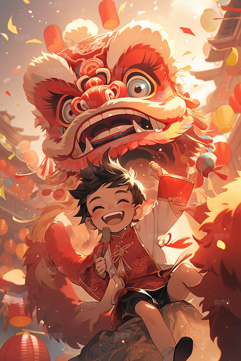 舞狮少年国粹节庆插画