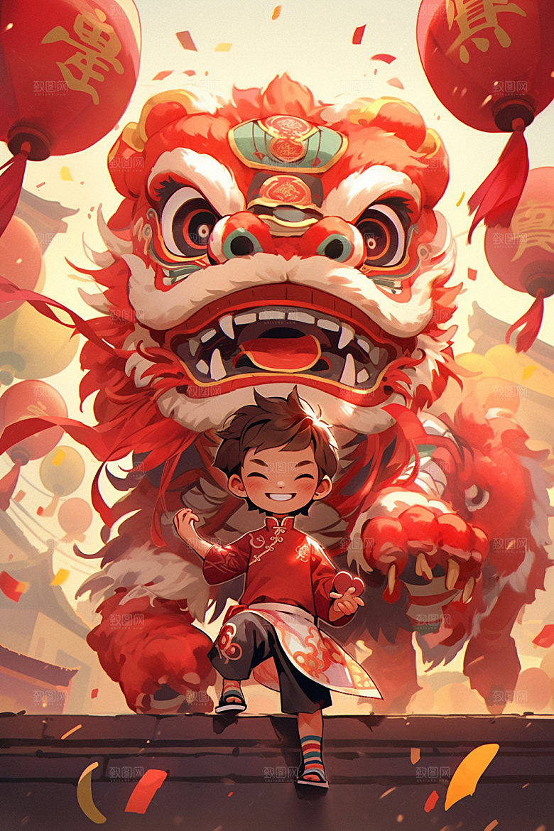 舞狮少年喜庆国潮插画
