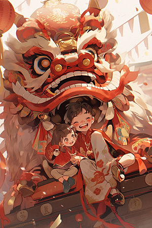 舞狮少年中国风新年插画