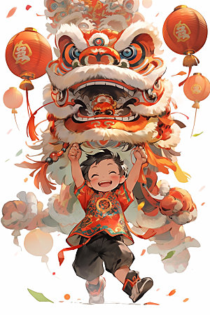 舞狮少年新年中式插画