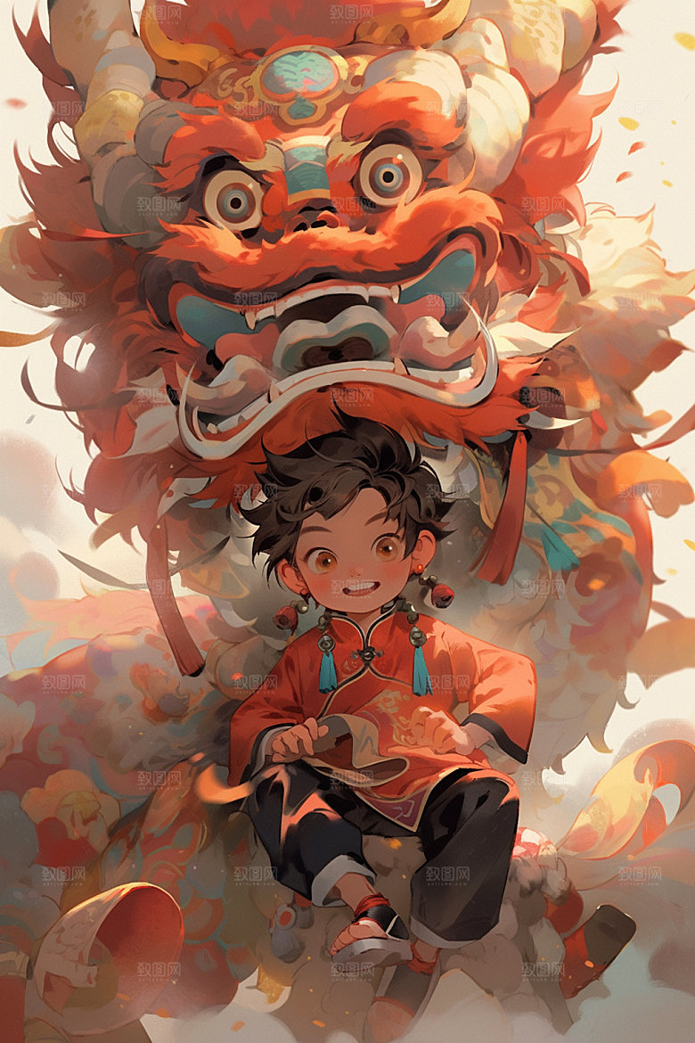 舞狮少年国潮新年插画