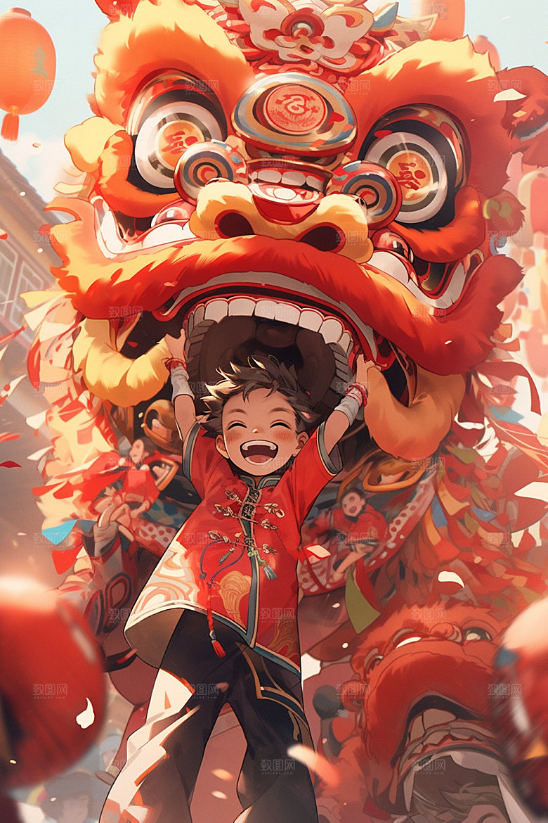 舞狮少年喜庆传统文化插画