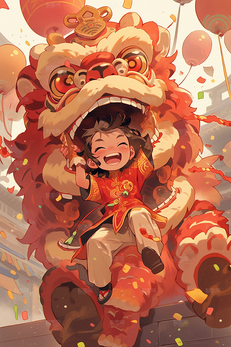 舞狮少年传统文化中式插画