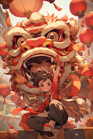 舞狮少年中式中国风插画