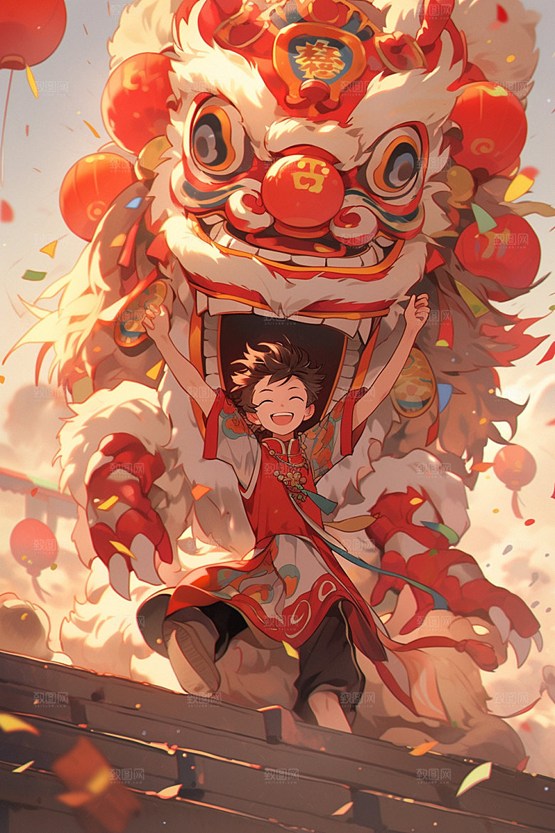 舞狮少年卡通新年插画