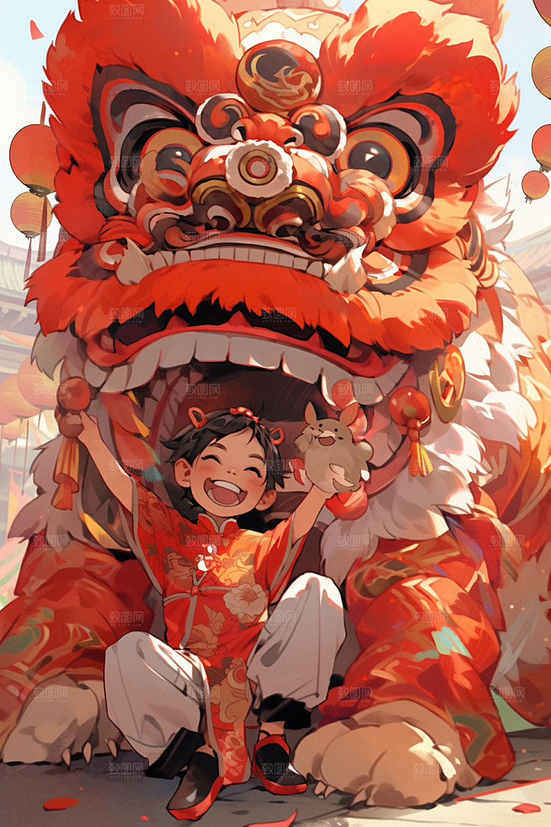 舞狮少年国潮中国风插画