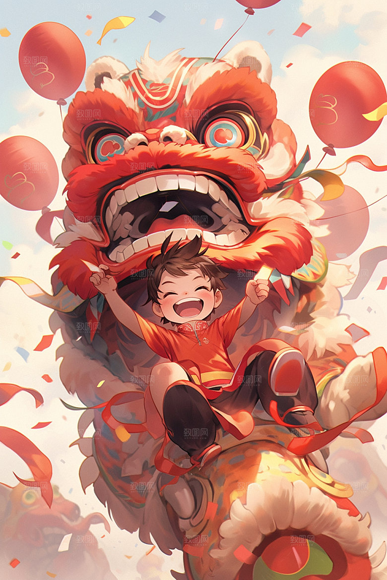 舞狮少年新年节庆插画