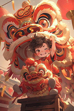 舞狮少年节庆中式插画