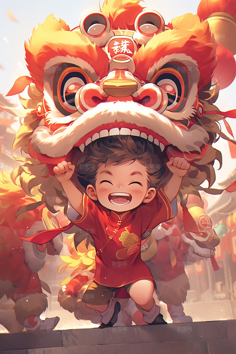 舞狮少年新年喜庆插画
