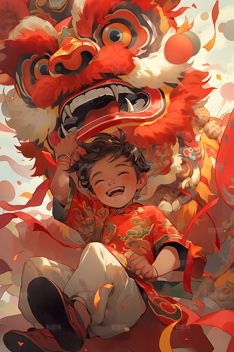舞狮少年非遗喜庆插画