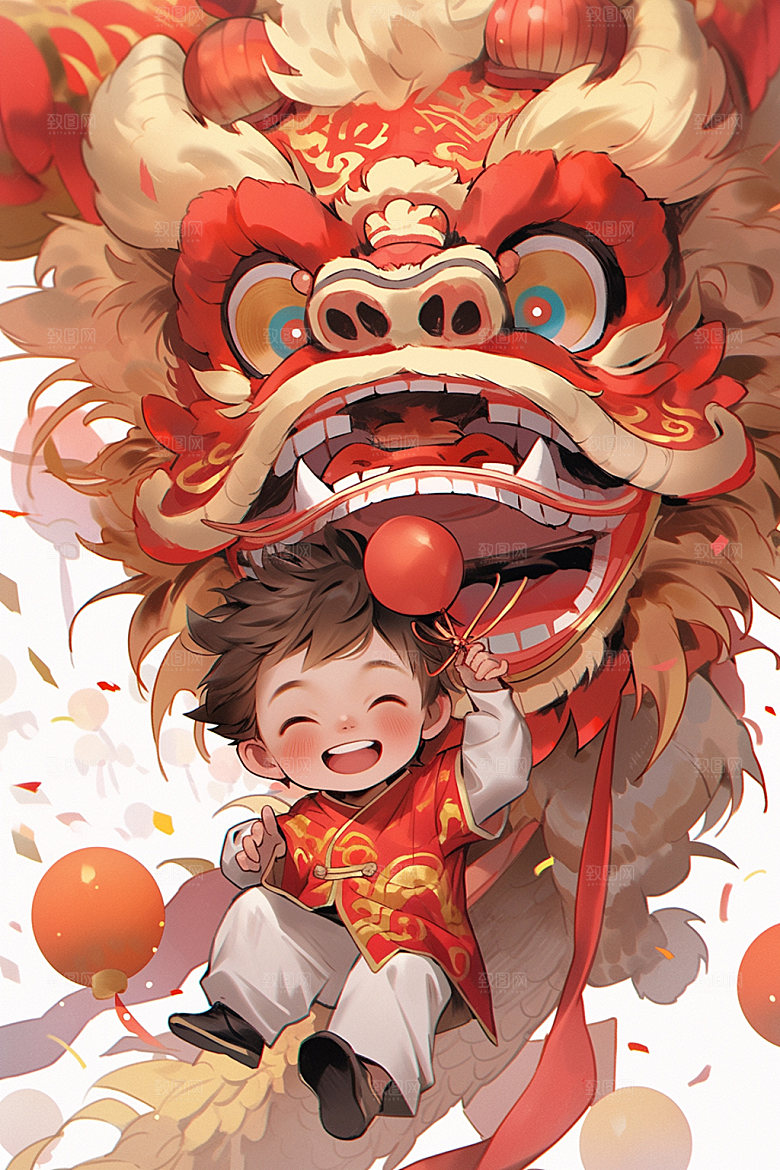 舞狮少年喜庆节庆插画