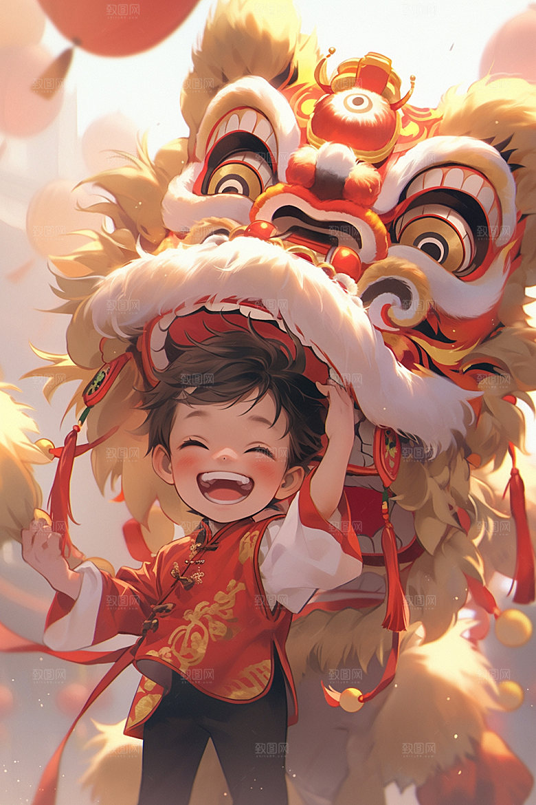 舞狮少年喜庆非遗插画