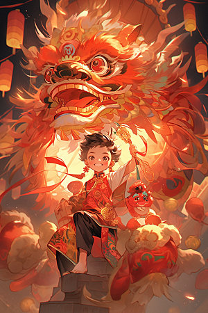 舞狮少年中式传统文化插画