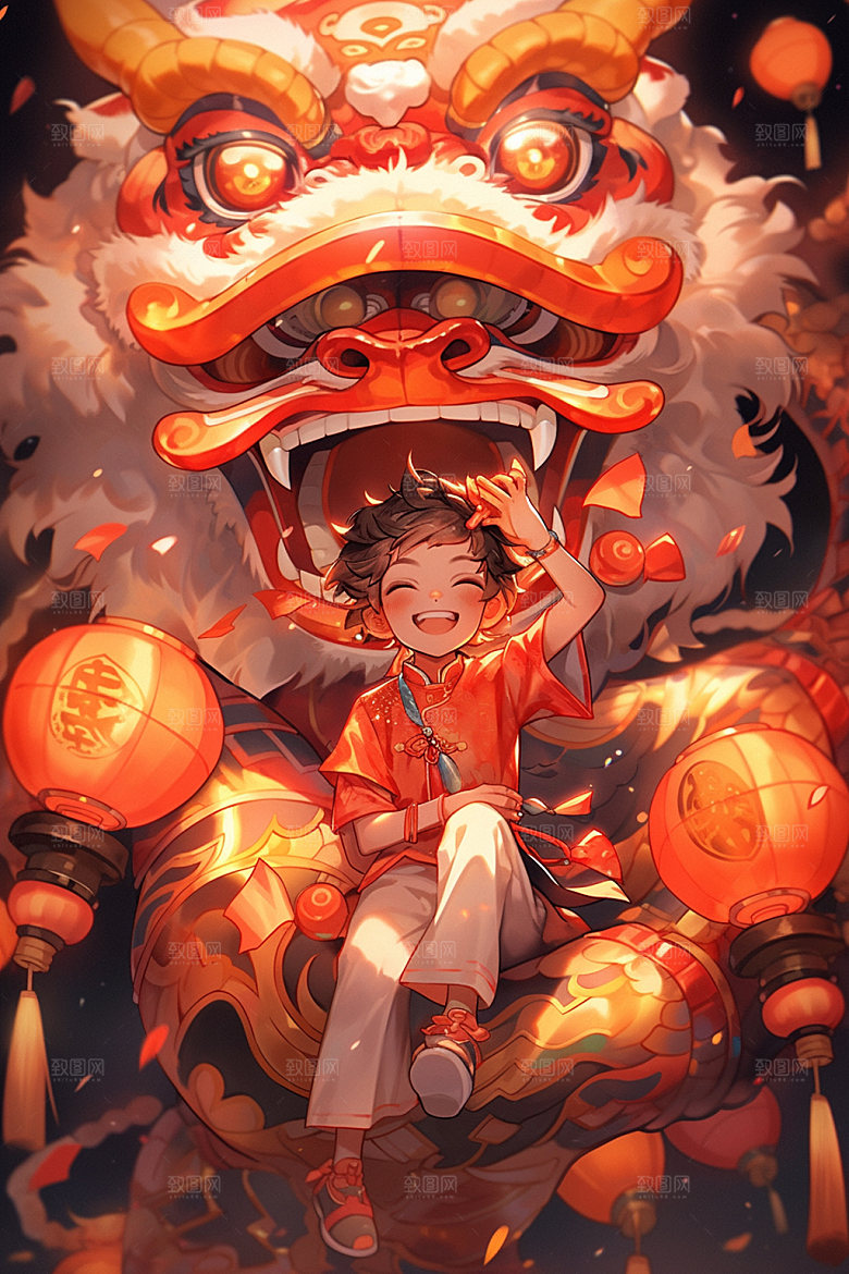 舞狮少年节庆中式插画