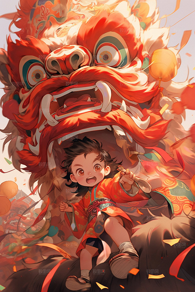 舞狮少年节庆喜庆插画