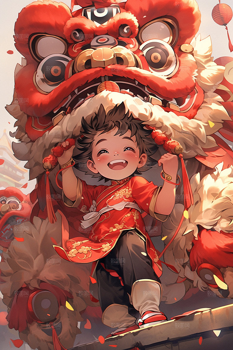 舞狮少年国潮传统文化插画