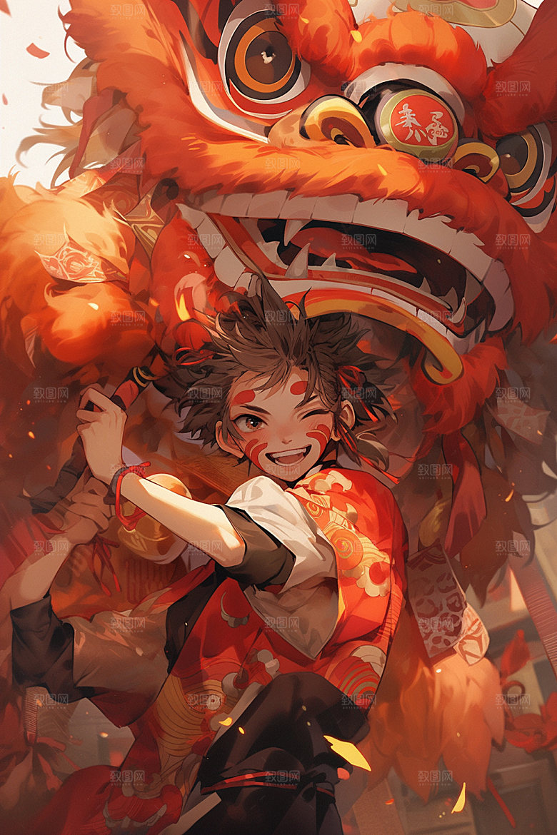 舞狮少年中式卡通插画