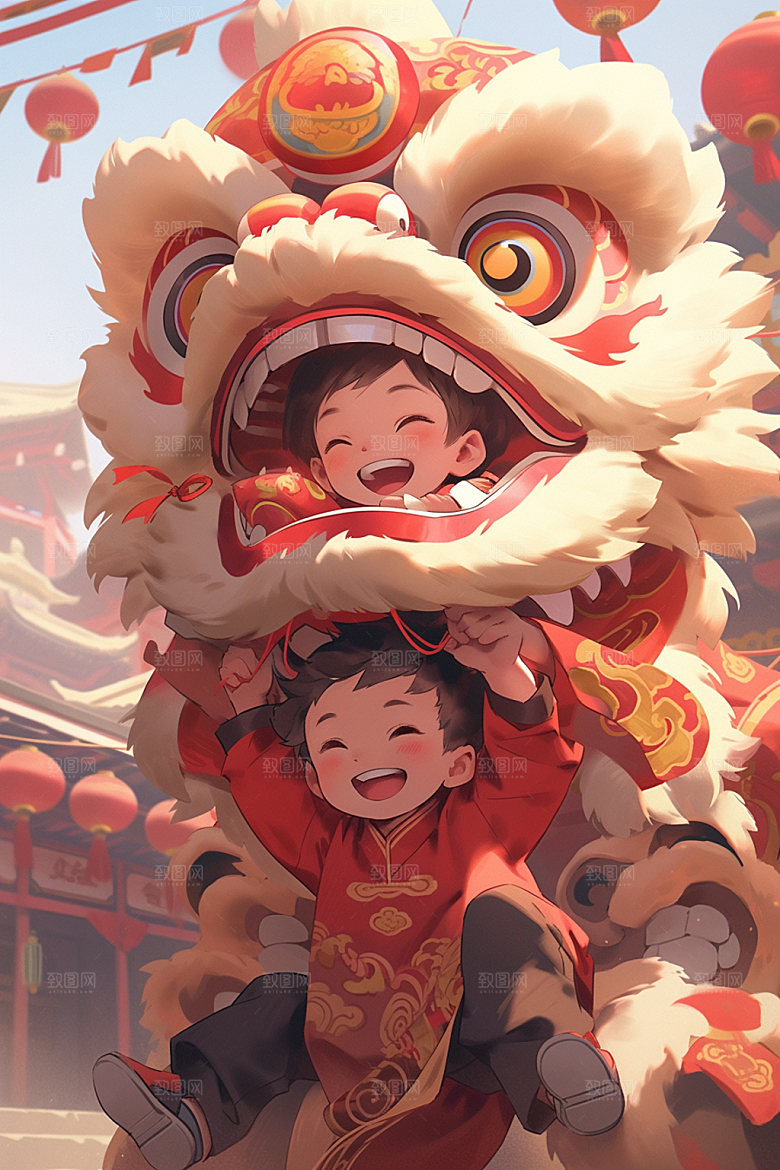 舞狮少年喜庆国潮插画