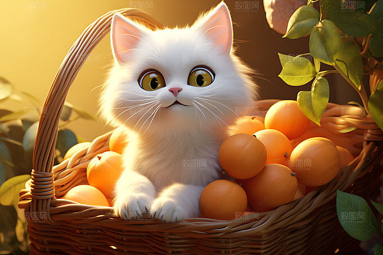 果篮小猫竹篮猫咪高清插画