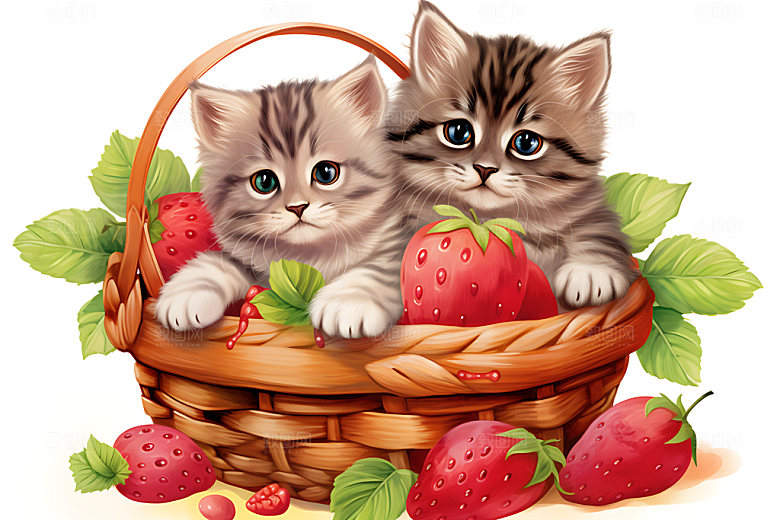 果篮小猫清新小动物插画