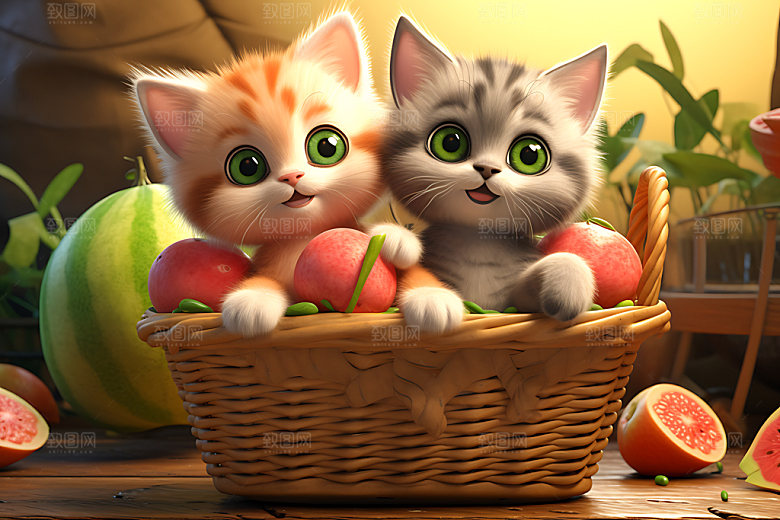 果篮小猫小动物俏皮插画