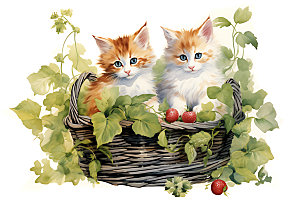 果篮小猫可爱自然插画