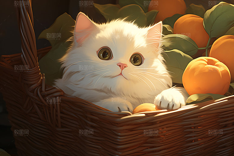 果篮小猫清新小动物插画