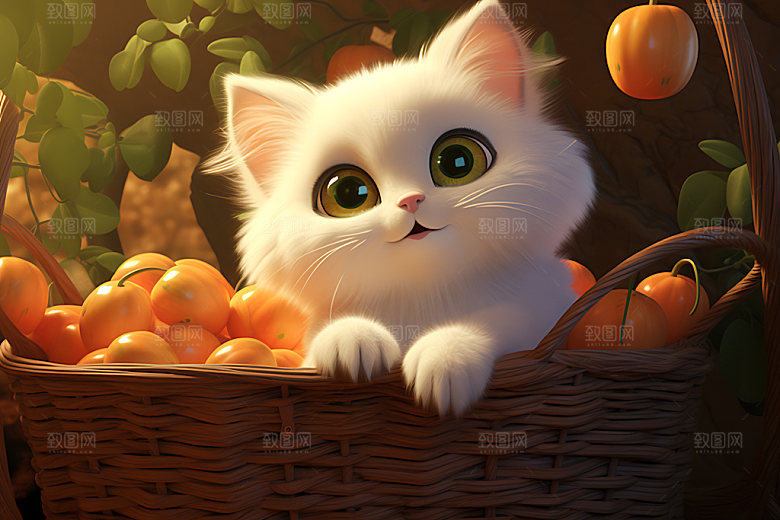 果篮小猫可爱俏皮插画