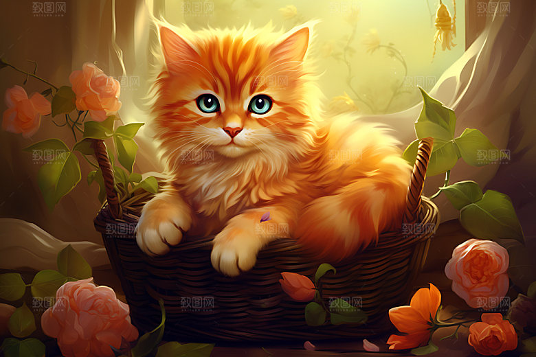 果篮小猫自然小动物插画