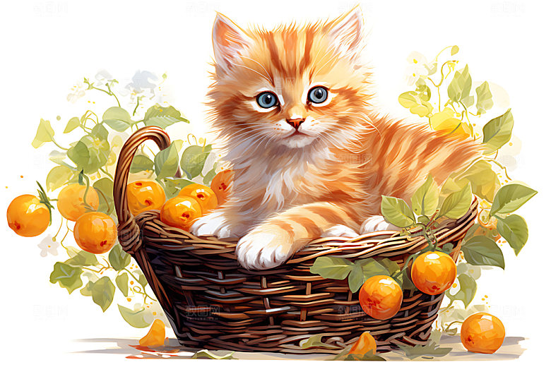 果篮小猫清新竹篮猫咪插画
