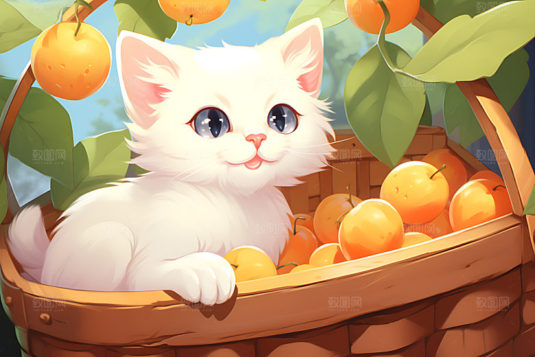 果篮小猫小动物可爱插画