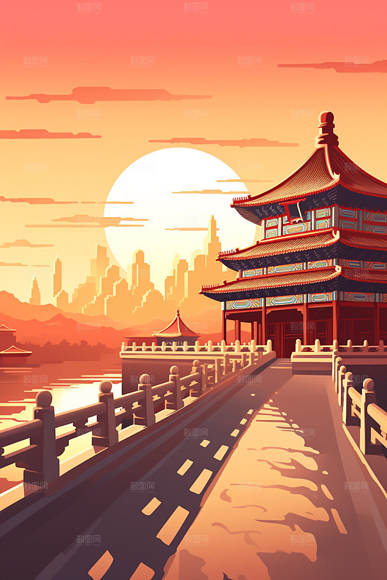国庆建筑张灯结彩辉煌插画