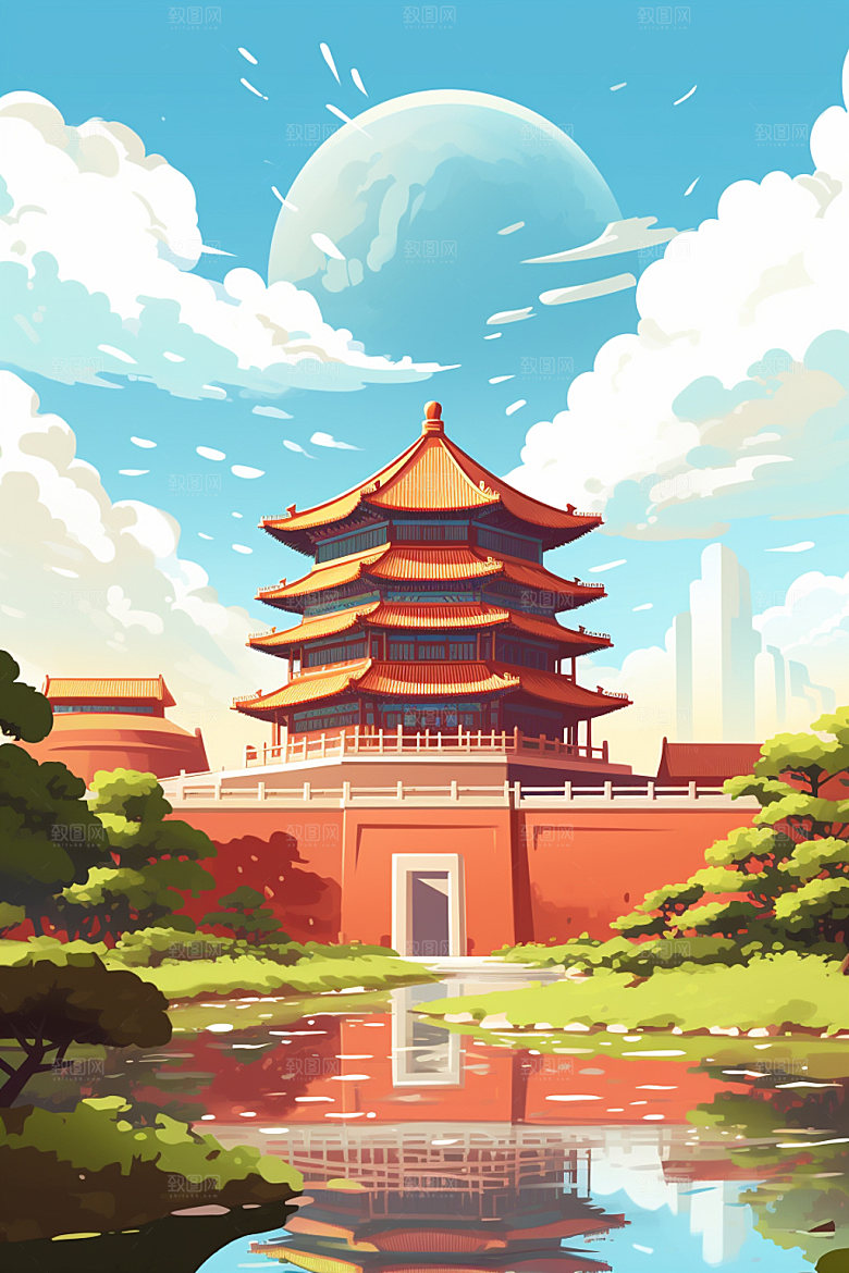 国庆建筑辉煌场景插画