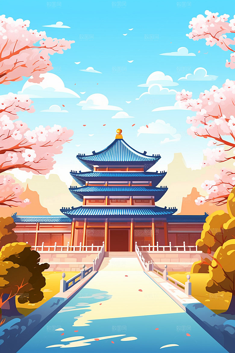国庆建筑灯火里的中国喜庆插画