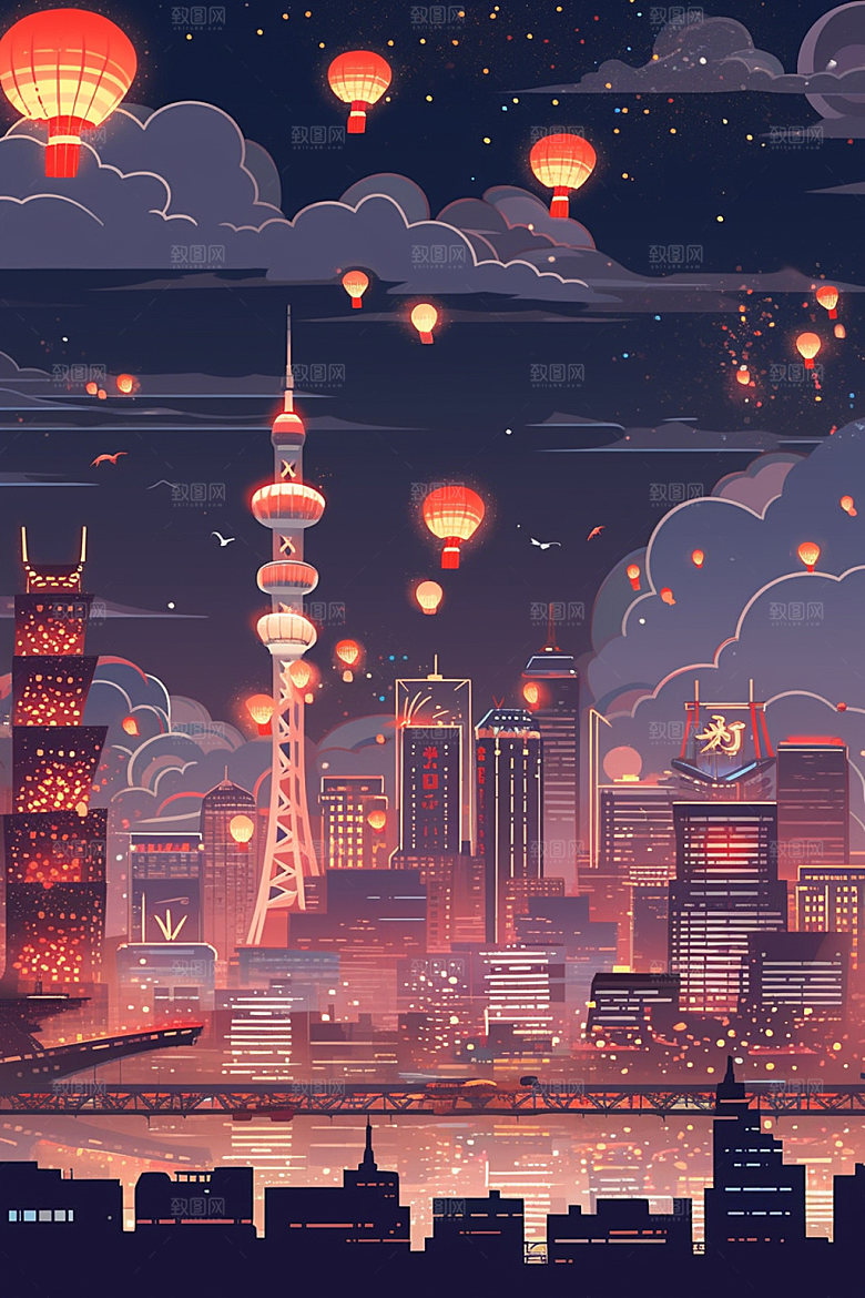 国庆建筑喜庆场景插画