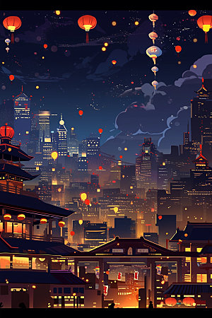国庆建筑辉煌灯火里的中国插画