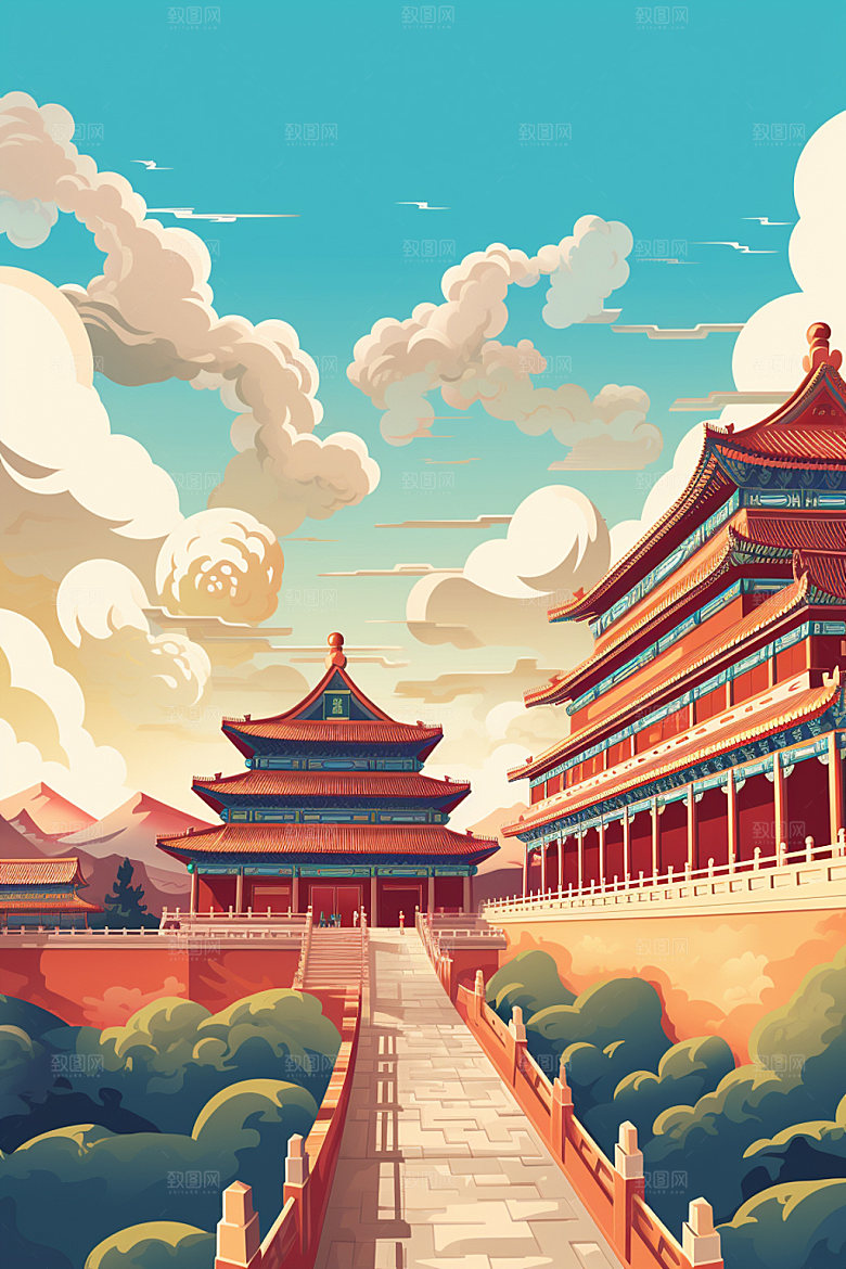 国庆建筑场景灯火里的中国插画