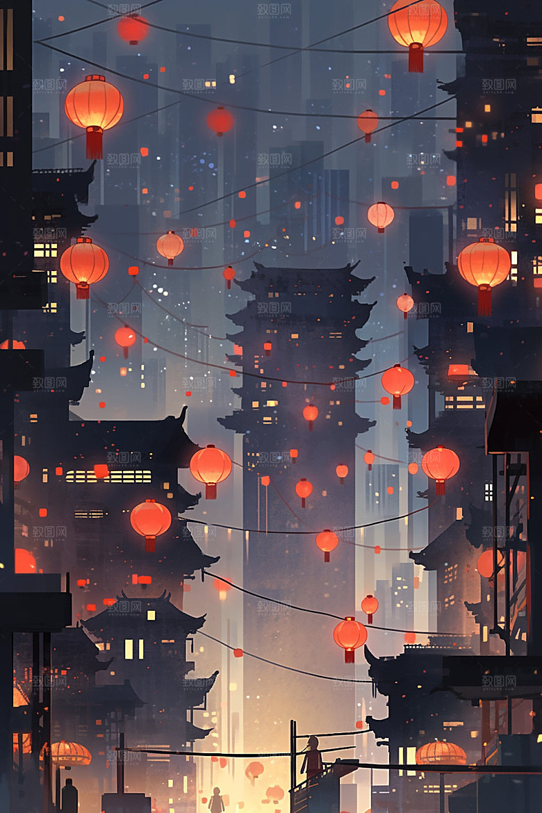 国庆建筑灯火里的中国辉煌插画
