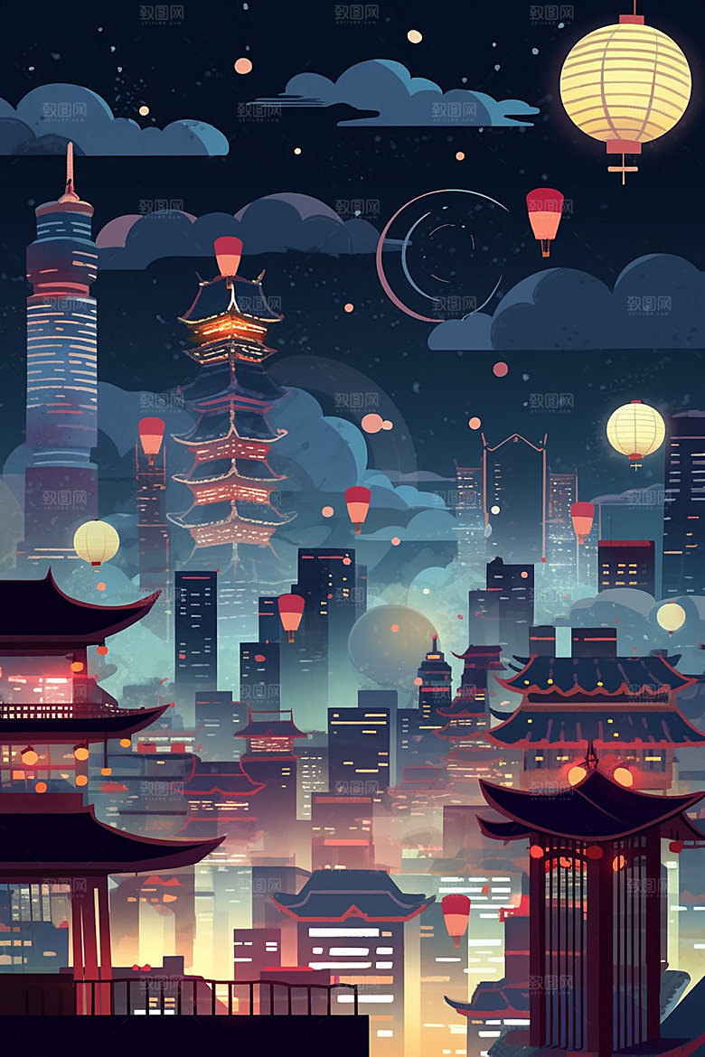 国庆建筑辉煌张灯结彩插画