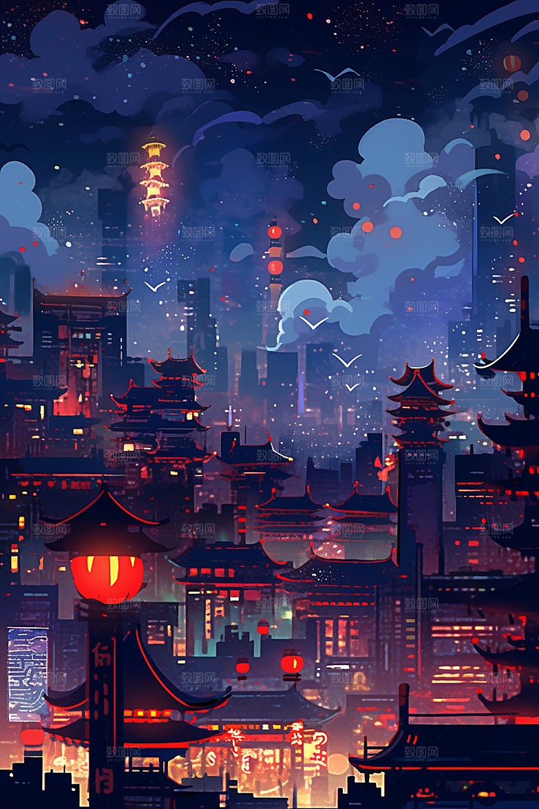 国庆建筑喜庆张灯结彩插画